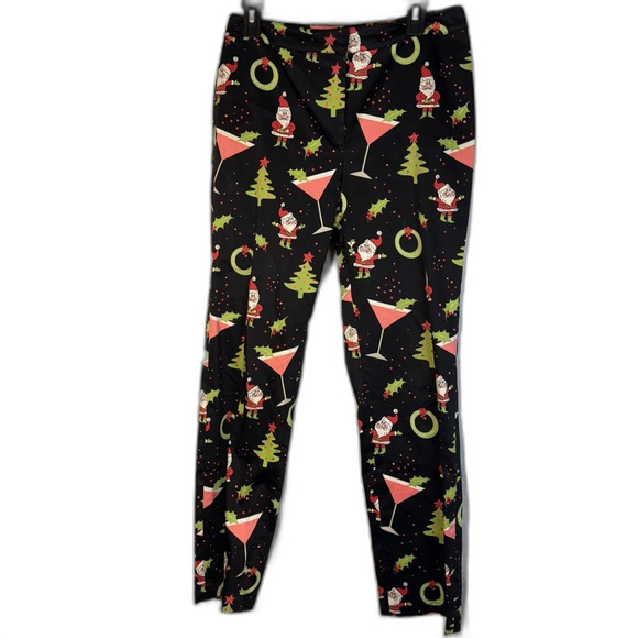 Cali Cali size 8 Festive Black Christmas Print Pants Santa, Martini, Tree, Holly - Picture 1 of 5